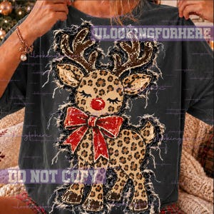 Leopard reindeer PNG, Vintage Christmas Reindeer, Faux Embroidery Frayed Patch PNG, Distressed Retro Christmas Sublimation Design