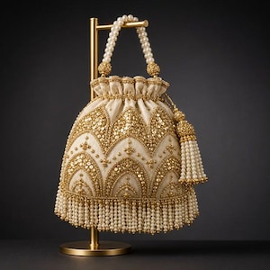 May include: A cream-colored drawstring pouch bag featuring intricate gold embroidery, metallic sequins, and a beaded pearl handle. The bag is adorned with a long, dangling pearl tassel on the side and a dense fringe of hanging pearls along the bottom edge.