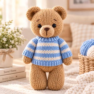 Puede incluir: Un oso de peluche tejido de color canela que lleva un suéter a rayas azul claro y blanco. El oso tiene ojos de seguridad de color marrón oscuro, una nariz marrón bordada y una línea de boca vertical. El juguete tiene un punto texturizado.
