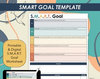 SMART 目標テンプレート、目標設定ワークシート、印刷可能/デジタル PDF、目標トラッカー、Notability/Goodnotes 対応、個人/学校/仕事用