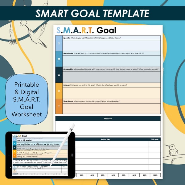 SMART Goal Template, Goal Setting Worksheet, Printable/Digital PDF, Goal Tracker, Notability/Goodnotes Compatible, for Personal/School/Work