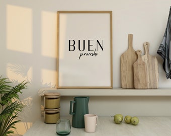 Buen Provecho Poster | Kitchen Wall Art | Mid Century Print | Spanish Quote Poster | Minimalist Typography Print | Dining room poster