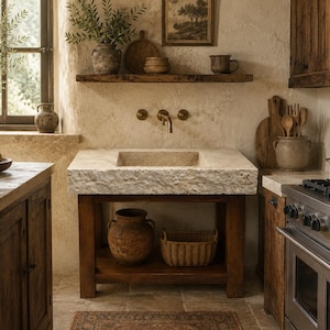 May include: A traditional kitchen featuring a stone sink and wooden cabinets. The sink sits on a wooden frame, with a wicker basket and a large ceramic pot beneath. A shelf displays decorative items, and a window offers natural light.