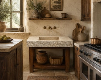Rustic Mediterranean Travertine Sink Vanity Handcrafted Stone Sink Mediterranean Rustic Bathroom Vanity
