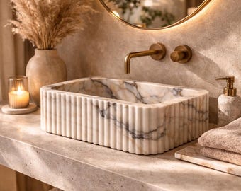 Fluted Calacatta Viola Marble Sink 20"x12"x6"