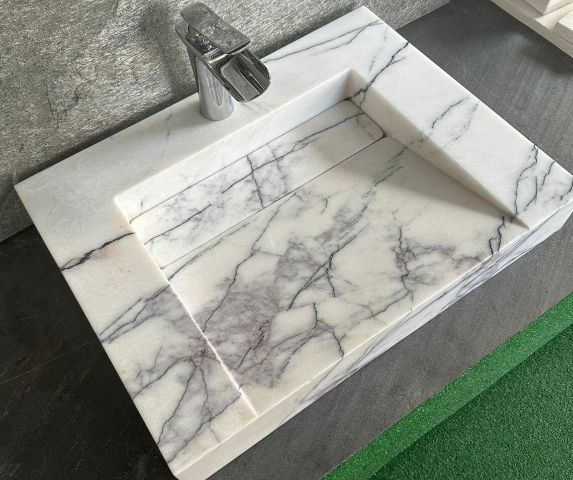 Carrara Marble Sink Powder Room Sink Custom Vanity Top Marble Sink Wall Mount Marble Sink Marble ...