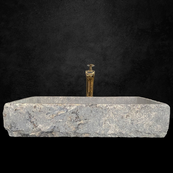Handgefertigtes Silber Travertin Rechteckiges Waschbecken: Naturstein Waschbecken