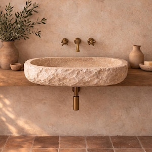 Lavabo de pared de mármol travertino artesanal - Lavabo de piedra natural