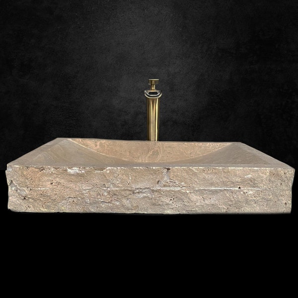 Travertine Marble Sink, Wall Mounted Marble Sink  - With Faucet Hole - Handcrafted, Natural Stone, Washbasin, Travertine Sink for Bathroom