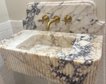 Calacatta Viola Marble Sink with Backsplash: Hand-Carved Ribbed Wall Mount Basin