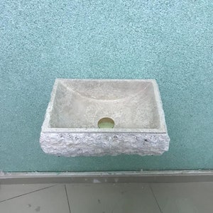 Hand Carved Travertine Wall Mounted Sink: Rough Chiseled Marble