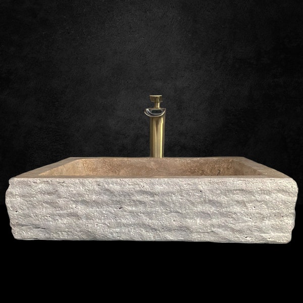 Travertine Inclined Inside Rectangular Sink - With Faucet Hole - Handcrafted, %100 Natural Stone, Washbasin