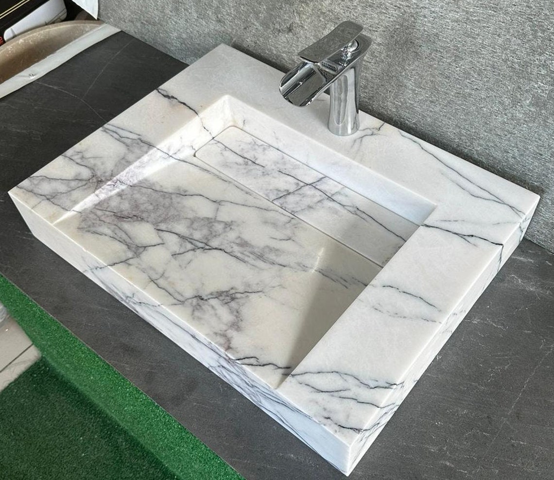 Carrara Marble Sink Powder Room Sink Custom Vanity Top Marble Sink Wall Mount Marble Sink Marble ...