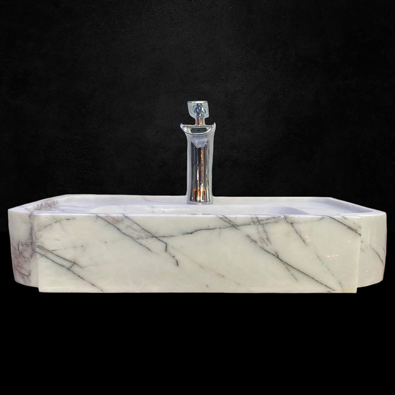 Gray White Marble Square Sink With Faucet Outlet Handcrafted, 100