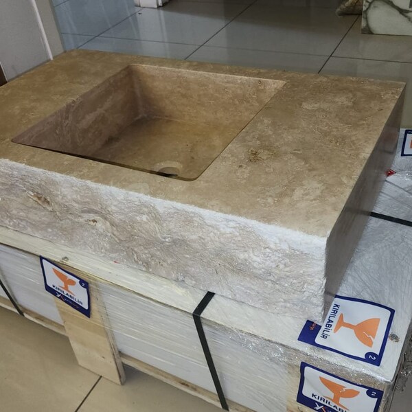 Travertine Marble Sink, Wall Mounted Marble Sink - Handmade Travertine Sink, Natural Stone, Washbasin, Travertine Sink for Bathroom, Marble