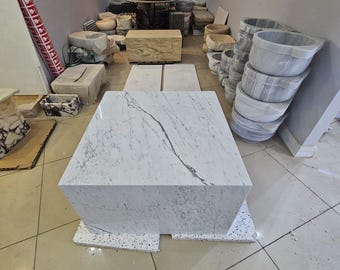 Carrara Marble Plinth Coffee Table: Custom Cube End Table