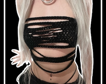 LAMIA - Distressed ripped crochet knit bandeau tube top lace up corset back goth grunge alt fairycore subversive basics apocalyptic festival