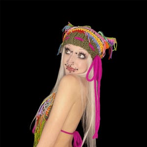 HARLEQUIN cat ear beanie hat - customisable rainbow - adjustable tie bow distressed fringe rave fairy core whimsical festival accessories