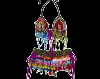 HARLEQUIN co-ord set - Low waist micro mini booty shorts + bikini top - adjustable tie bow distressed rave fairy core whimsy festival