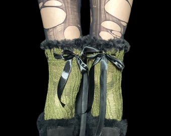 CRYPTID Leg Warmers - Distressed knit / faux fur / bow - autumn goth grunge whimsy fairycore festival handmade customisable