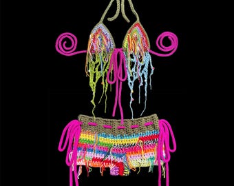 Set coordinato HARLEQUIN - Mini shorts a vita bassa + top bikini - fiocco regolabile, stile rave fairy core, fantasia, festival
