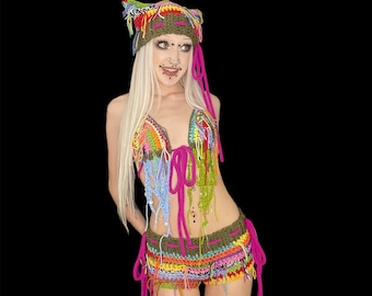 Set coordinato HARLEQUIN - Mini shorts a vita bassa + top bikini - fiocco regolabile, stile rave fairy core, fantasia, festival