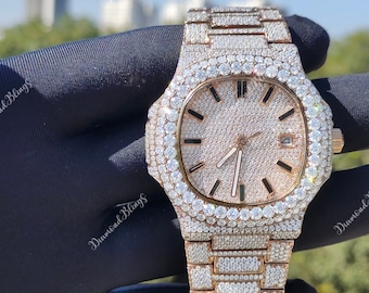 Iced Out VVS Moissanite Uhr, Weiß und Gold Automatische Büste Down Diamant, Mechanische Armbanduhr, Luxus Diamant Uhr Hip Hop Schmuck