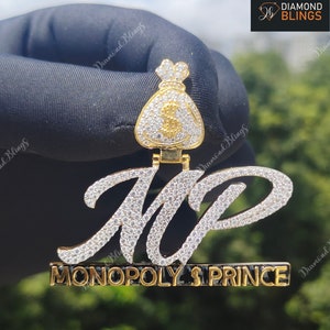 Colgante personalizado con letra "MP" helada y asa de bolsa de dólar, colgante de diamantes de moissanita VVS, colgante de letra personalizada, joyería de diamantes
