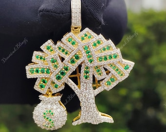 VVS Moissanite Diamond Money Tree with Bail Pendant, Iced Out Silver Gold Diamond Jewelry, Bust Down Pendant for Him and Her