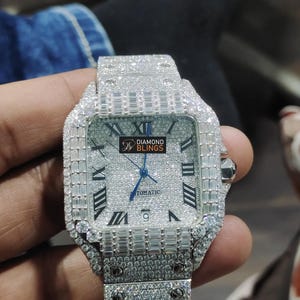 Iced Out VVS Moissanite Baguette Watch, Men's Bust Down Automatic Movement Wristwatch, Luxury Diamond Watch For Him, Hip Hop Jewelry For Him