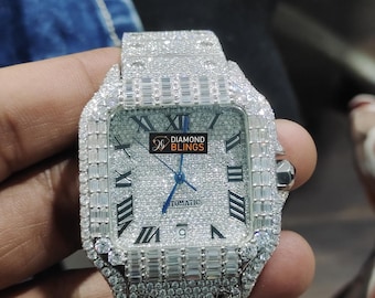 Iced Out VVS Moissanite Baguette Watch, Men's Bust Down Automatic Movement Wristwatch, Luxury Diamond Watch For Him, Hip Hop Jewelry For Him