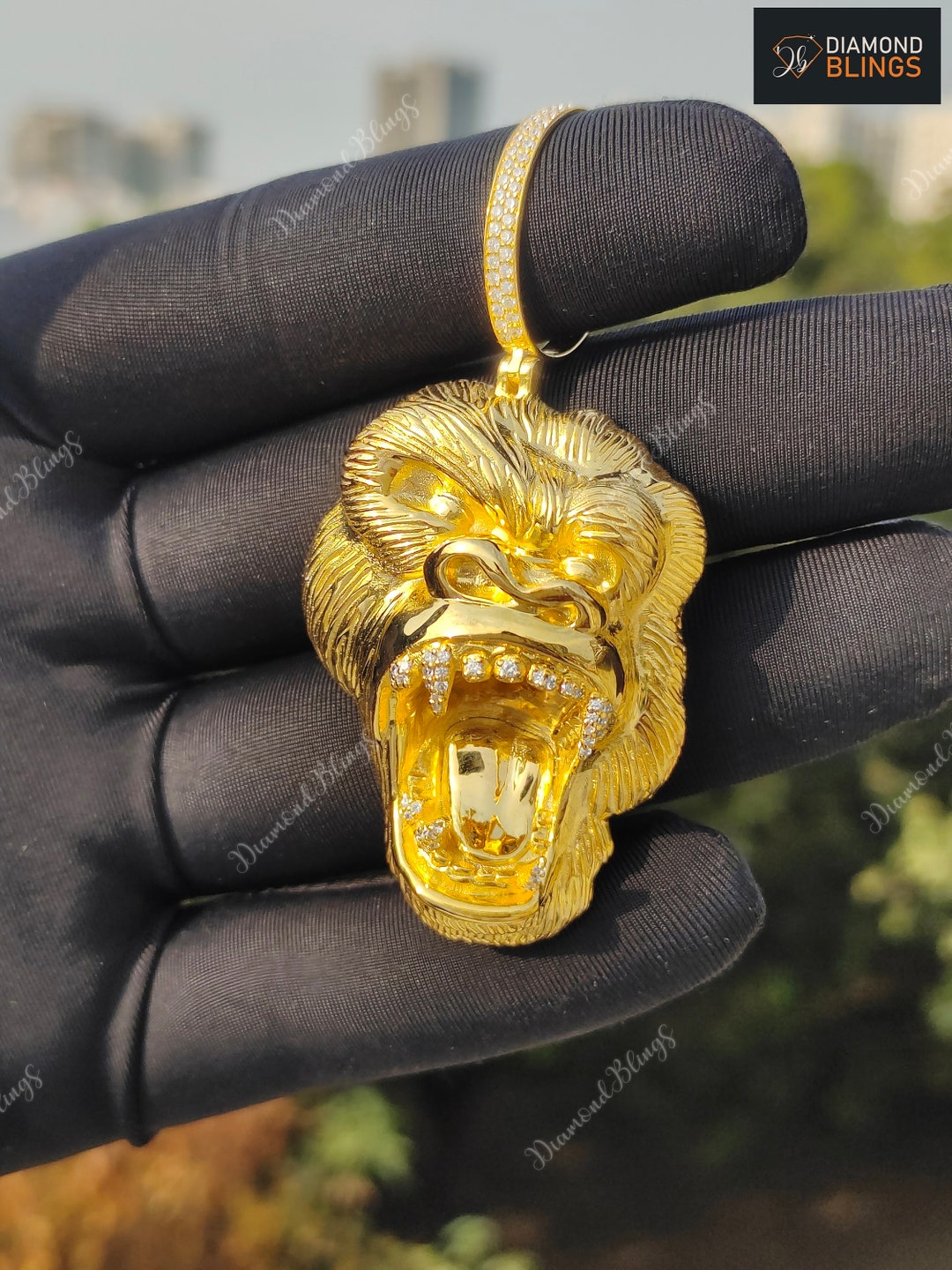 10K 14K Gold Silver Gorilla Pendant With VVS Moissanite
