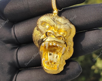 10K 14K Gold Silver Gorilla Pendant with VVS Moissanite, Custom Animal Necklace Pendant, Personalized Gorilla Hip Hop Pendant Men