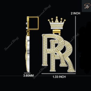 Colgante con iniciales RR heladas y enganche de corona, colgante con letras de diamantes de moissanita VVS con busto hacia abajo, colgante con iniciales personalizado, joyería de diamantes
