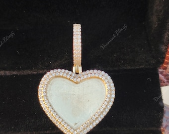 Bust Down Personalized Heart Photo Pendant, Iced Out Gold Custom Memory Picture VVS Moissanite Necklace Heart Hip Hop Pendant Women Men