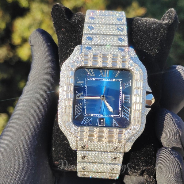 Automatic Movement VVS Moissanite Iced Out Diamond Watch, Men's Bust Down Wristwatch, Luxury Diamond Watch For Him, Hip Hop Jewelry For Him