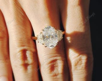 Oval Cut Three Stones with Half Moon Moissanite Engagement Ring, Unique Design Engagement Ring, Handmade Personalized Gift Ring For Women