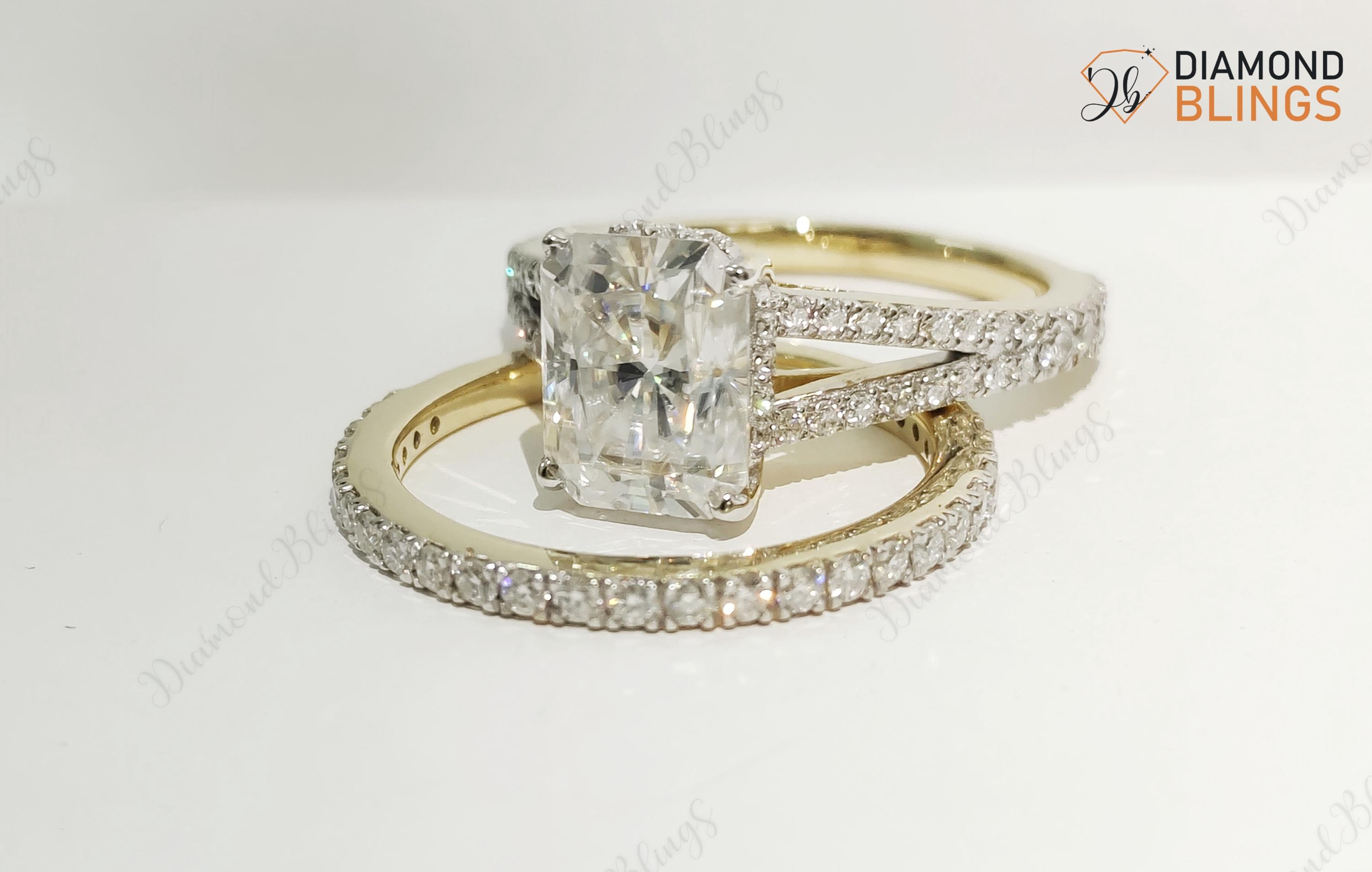 Radiant Cut Moissanite Engagement Ring, 14K Gold Split Shank Pave Set ...