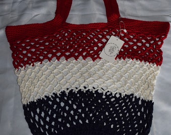 Bolso tote de mercado/playa tejido a mano - Hilo 100 % reciclado - Rojo, blanco y azul