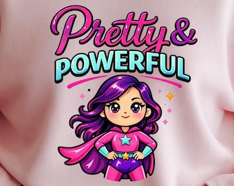 Bonita y poderosa imagen PNG, ilustración de superhéroe de niña, arte con cita de empoderamiento femenino, gráfico de autoconfianza, descarga digital instantánea