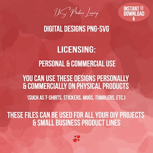 May include: Red background with white text promoting digital designs in PNG-SVG format. The text highlights personal and commercial use for physical products like t-shirts and stickers. Includes the text "Instant Download".