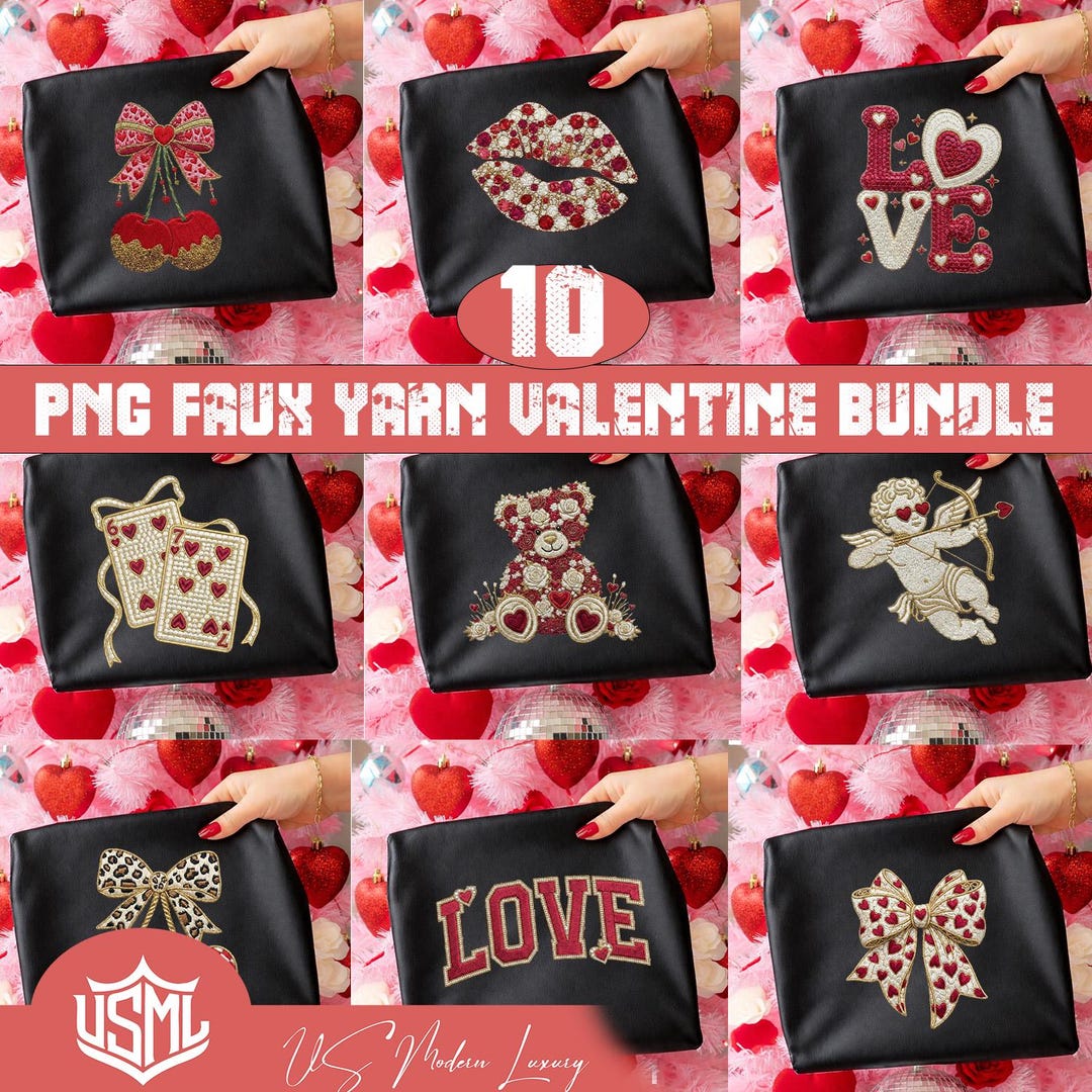 Faux Yarn Valentine PNG Bundle (10 PNG) , Love Teddy Bear, Bow, XOXO ...