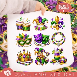 May include: A collection of colorful Mardi Gras-themed digital illustrations. The images include a fleur-de-lis, masks, a jester, a crown, drums, a cocktail, and beads. The color palette features gold, green, purple, and yellow accents. The text "INSTANT DOWNLOAD" is visible.