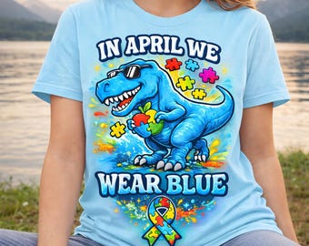 In April We Wear Blue Dinosaur Shirt, Autism Awareness T Rex Tee, Puzzle Ribbon Dino Shirt, Autism Support Gift for Kids Boys Girls