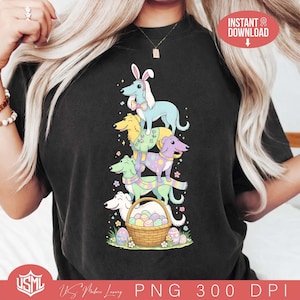 May include: Black t-shirt featuring a whimsical illustration of five cartoon dogs stacked on top of each other. The top dog wears bunny ears and a bow tie. A basket of Easter eggs sits at the bottom. The words "Instant Download" are in a red circle.