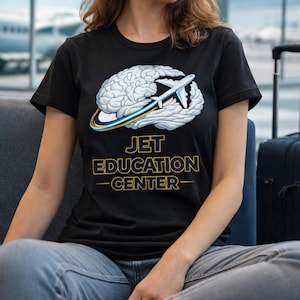 May include: Black t-shirt with a white brain graphic and a blue and gold airplane design. The text "JET EDUCATION CENTER" is printed in gold. The shirt is made of a soft material.