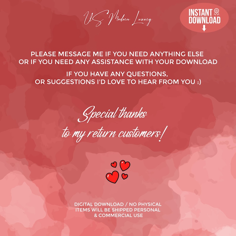 May include: Red and white digital download graphic with the text "US Modern Luxury" and "Instant Download". The image includes the text "Please message me if you need anything else" and "Special thanks to my return customers!"
