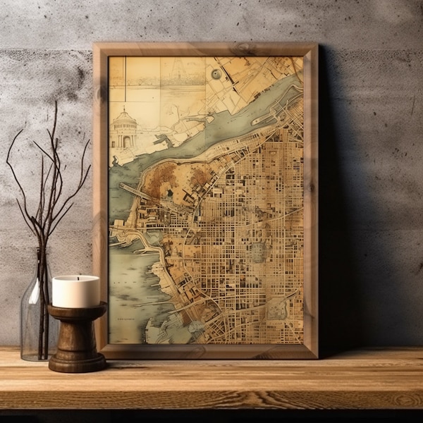 Vintage style maps, Old world, Digital print, Antique Rustic decor, Treasure map, 1800's map, Cityscape, Wall Art Decor, Contemporary Art