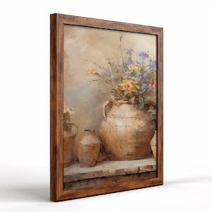 May include: A framed painting of a still life with a bouquet of flowers in a brown ceramic vase, along with two smaller vases on a wooden surface.