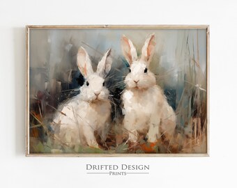 Impression d'oeuvres d'art lapins, Pâques en téléchargement numérique, décoration de ferme antique, art mural neutre pour chambre d'enfant, décoration de lapin pour enfants, animaux